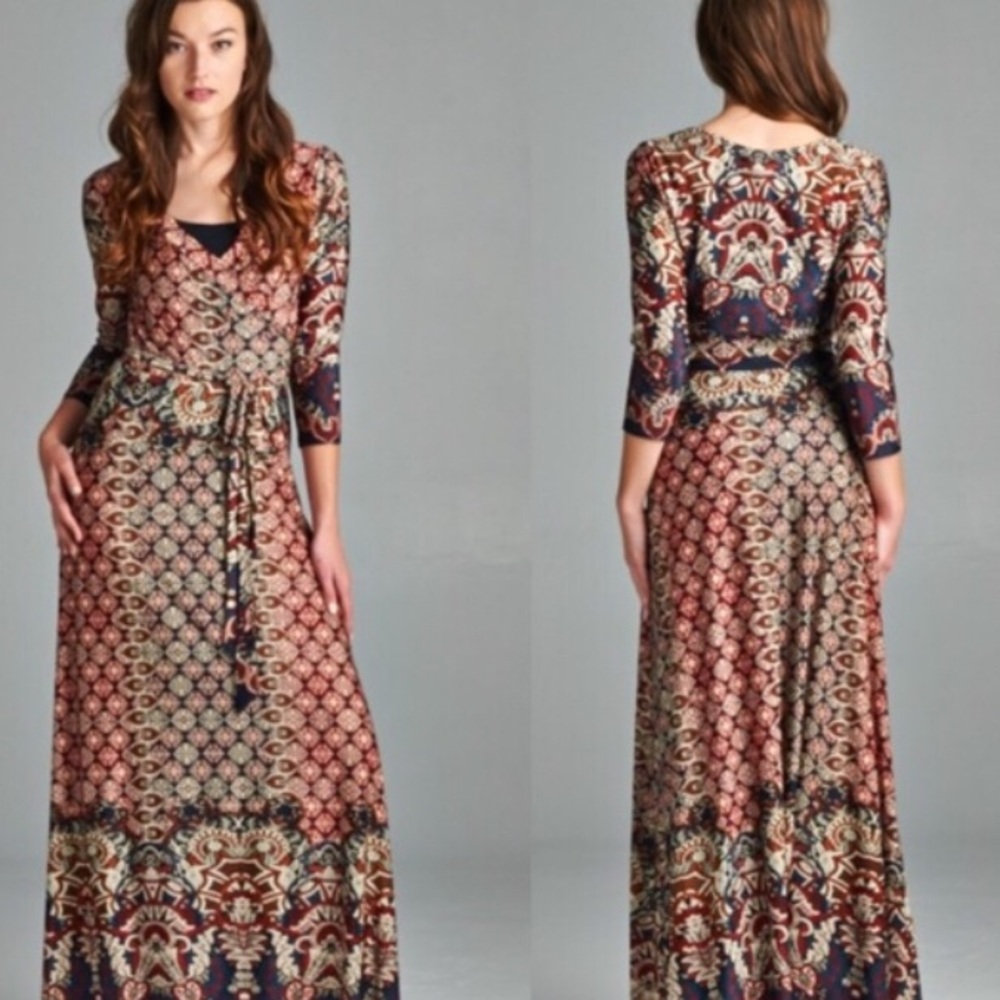 Boho Faux Wrap Long Maxi Dress Full Skirt Sz Small